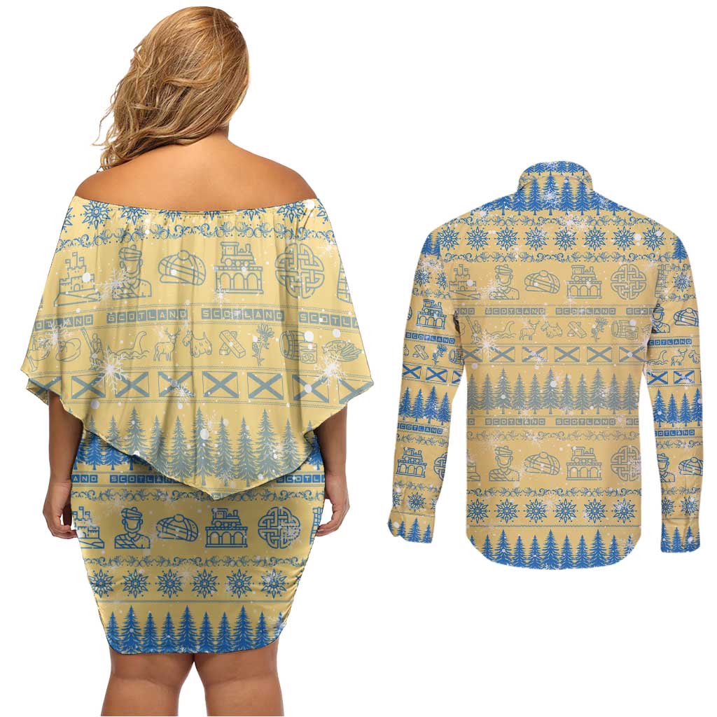 Merry Christmas Scotland Couples Matching Off Shoulder Short Dress and Long Sleeve Button Shirt Xmas Travel Map - Wonder Print Shop