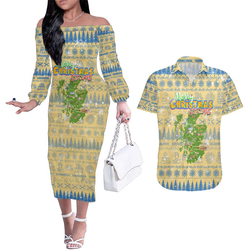 Merry Christmas Scotland Couples Matching Off The Shoulder Long Sleeve Dress and Hawaiian Shirt Xmas Travel Map - Wonder Print Shop