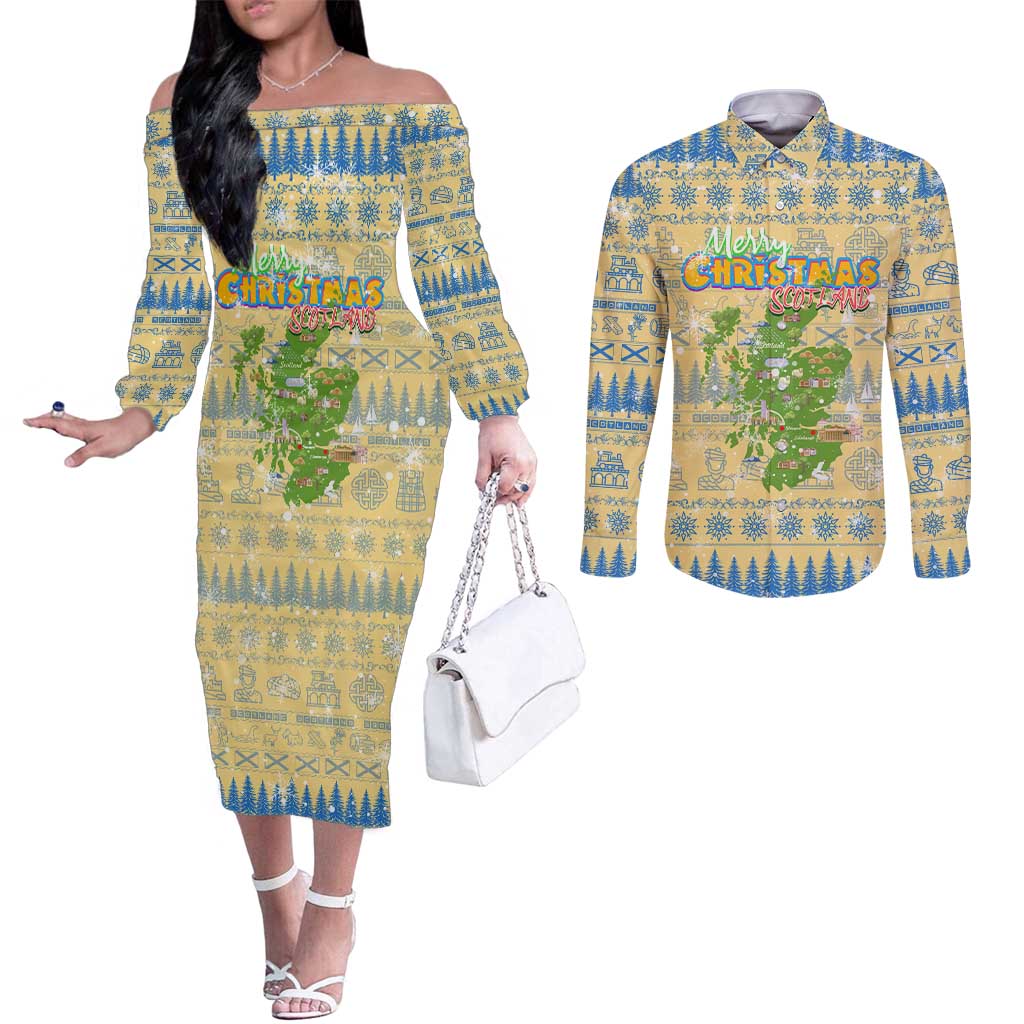 Merry Christmas Scotland Couples Matching Off The Shoulder Long Sleeve Dress and Long Sleeve Button Shirt Xmas Travel Map - Wonder Print Shop