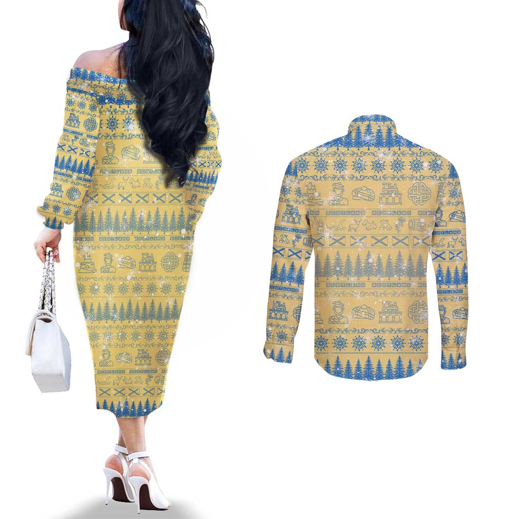 Merry Christmas Scotland Couples Matching Off The Shoulder Long Sleeve Dress and Long Sleeve Button Shirt Xmas Travel Map - Wonder Print Shop