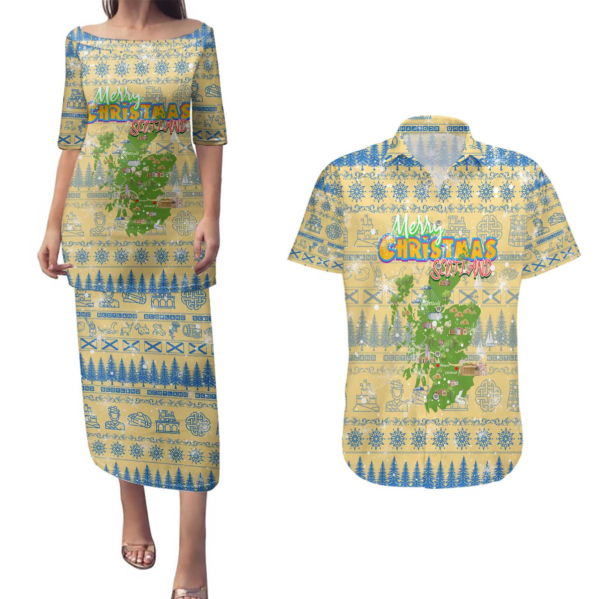 Merry Christmas Scotland Couples Matching Puletasi and Hawaiian Shirt Xmas Travel Map - Wonder Print Shop