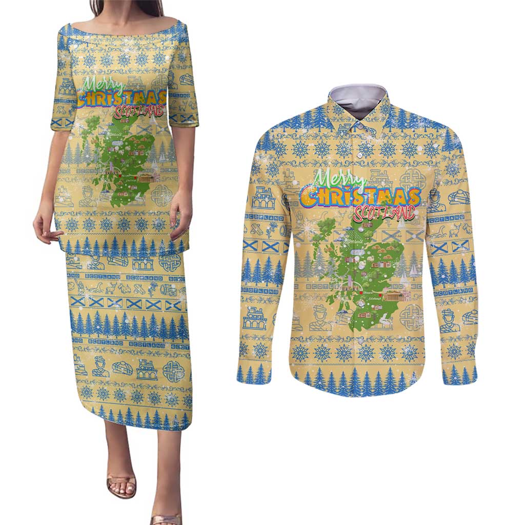 Merry Christmas Scotland Couples Matching Puletasi and Long Sleeve Button Shirt Xmas Travel Map - Wonder Print Shop
