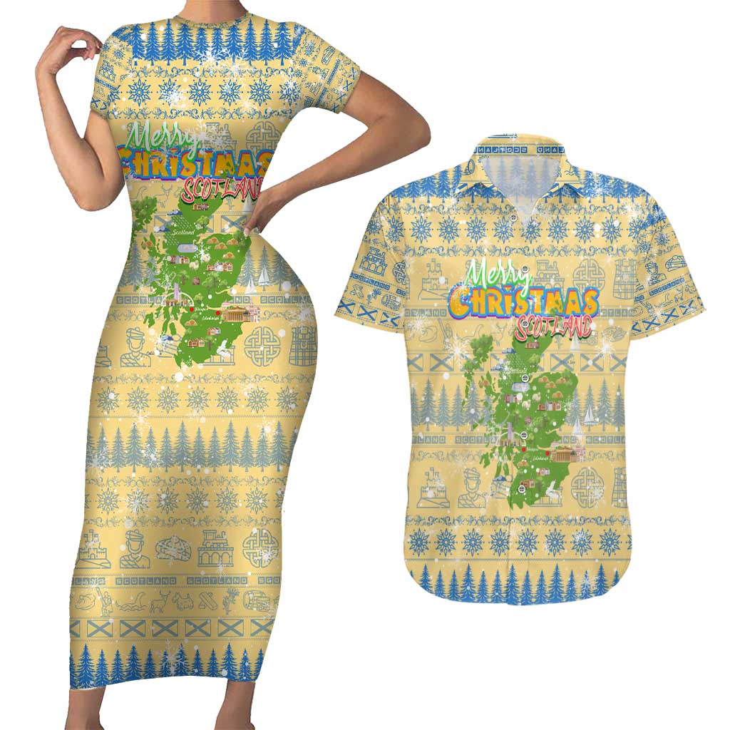 Merry Christmas Scotland Couples Matching Short Sleeve Bodycon Dress and Hawaiian Shirt Xmas Travel Map - Wonder Print Shop