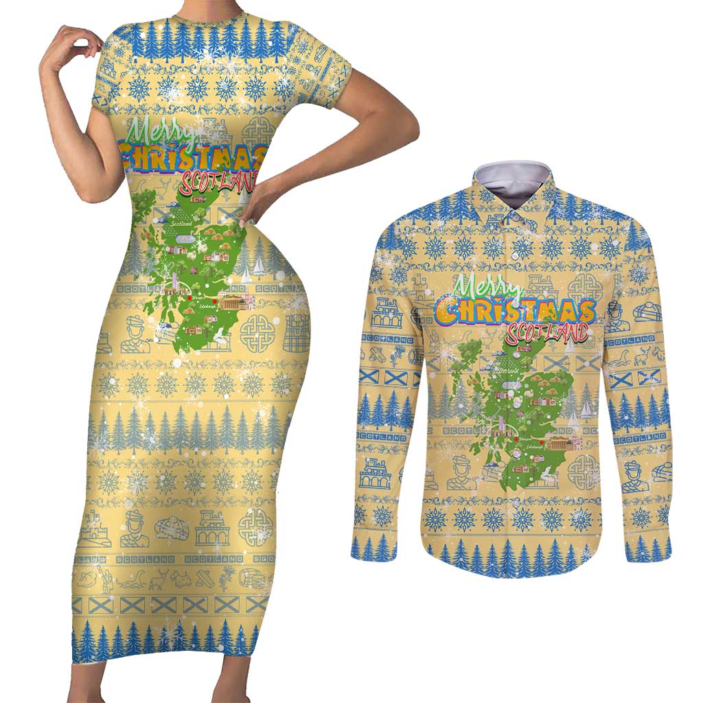 Merry Christmas Scotland Couples Matching Short Sleeve Bodycon Dress and Long Sleeve Button Shirt Xmas Travel Map - Wonder Print Shop