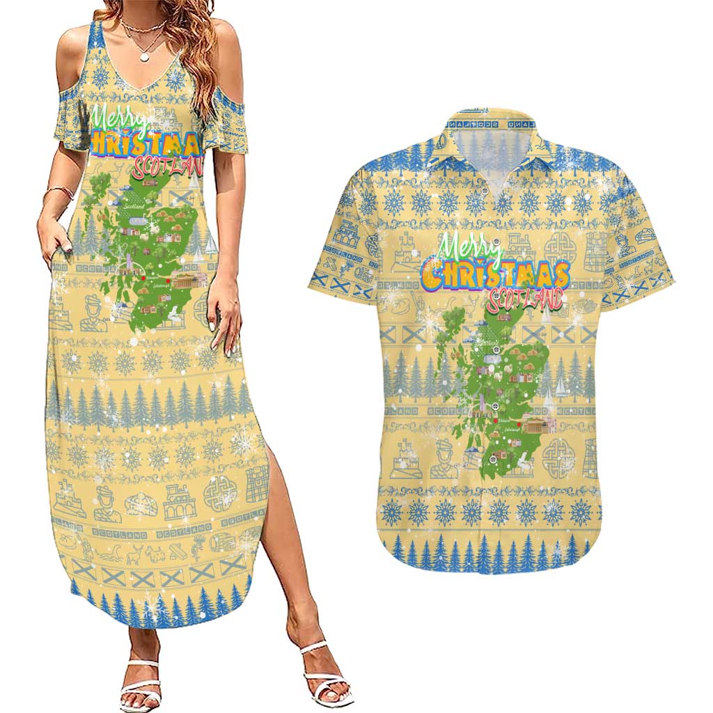 Merry Christmas Scotland Couples Matching Summer Maxi Dress and Hawaiian Shirt Xmas Travel Map - Wonder Print Shop