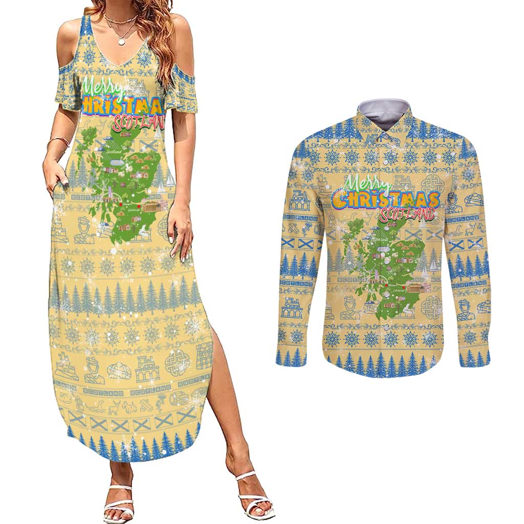 Merry Christmas Scotland Couples Matching Summer Maxi Dress and Long Sleeve Button Shirt Xmas Travel Map - Wonder Print Shop
