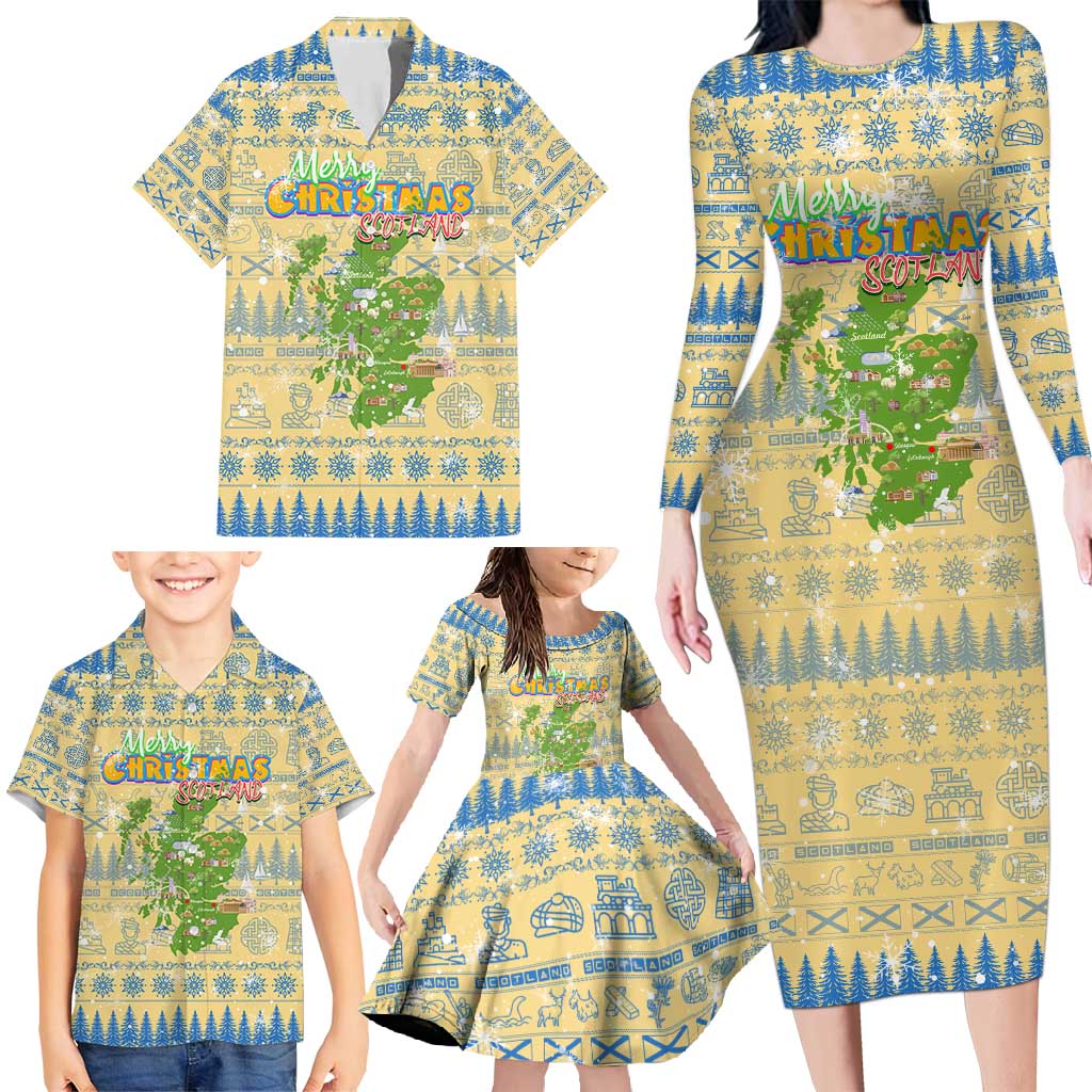 Merry Christmas Scotland Family Matching Long Sleeve Bodycon Dress and Hawaiian Shirt Xmas Travel Map - Wonder Print Shop