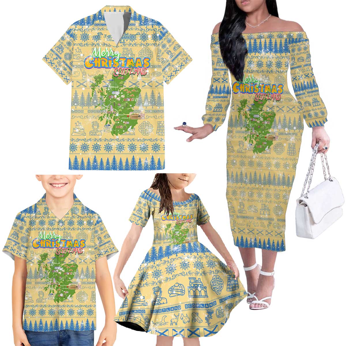 Merry Christmas Scotland Family Matching Off The Shoulder Long Sleeve Dress and Hawaiian Shirt Xmas Travel Map - Wonder Print Shop
