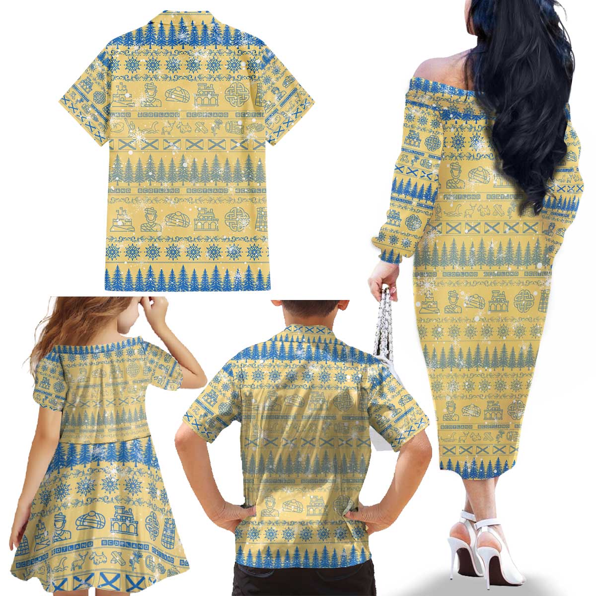 Merry Christmas Scotland Family Matching Off The Shoulder Long Sleeve Dress and Hawaiian Shirt Xmas Travel Map - Wonder Print Shop
