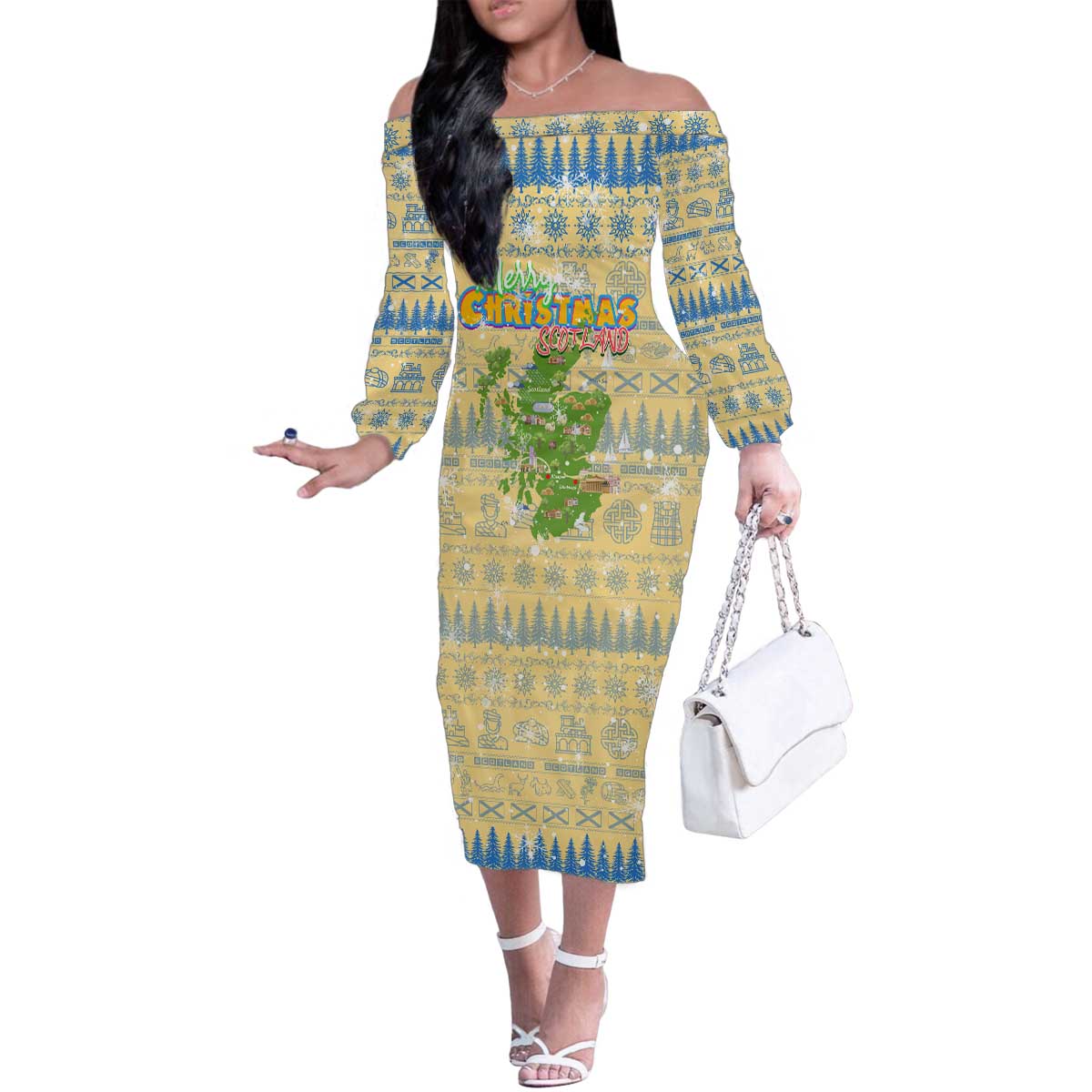 Merry Christmas Scotland Family Matching Off The Shoulder Long Sleeve Dress and Hawaiian Shirt Xmas Travel Map - Wonder Print Shop