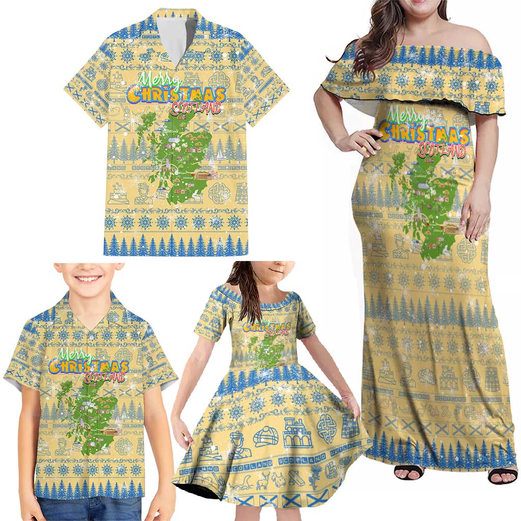 Merry Christmas Scotland Family Matching Off Shoulder Maxi Dress and Hawaiian Shirt Xmas Travel Map - Wonder Print Shop