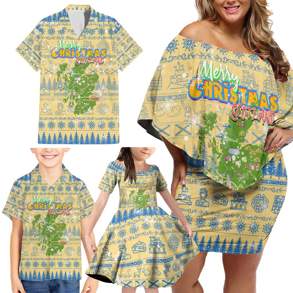 Merry Christmas Scotland Family Matching Off Shoulder Short Dress and Hawaiian Shirt Xmas Travel Map - Wonder Print Shop
