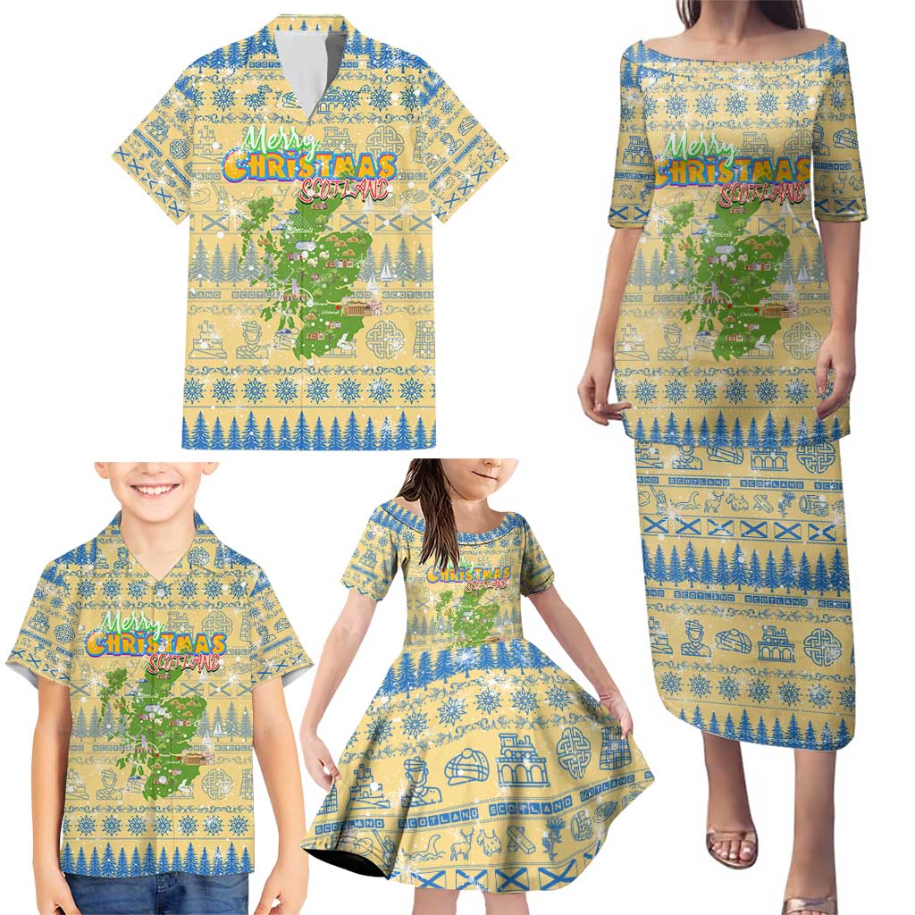 Merry Christmas Scotland Family Matching Puletasi and Hawaiian Shirt Xmas Travel Map - Wonder Print Shop