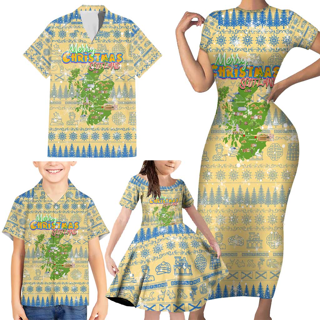Merry Christmas Scotland Family Matching Short Sleeve Bodycon Dress and Hawaiian Shirt Xmas Travel Map - Wonder Print Shop