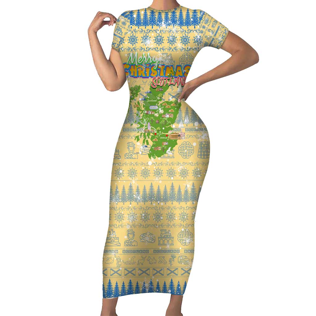 Merry Christmas Scotland Family Matching Short Sleeve Bodycon Dress and Hawaiian Shirt Xmas Travel Map - Wonder Print Shop