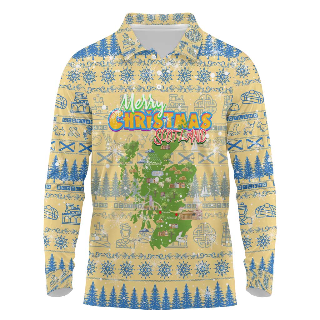 Merry Christmas Scotland Long Sleeve Polo Shirt Xmas Travel Map - Wonder Print Shop