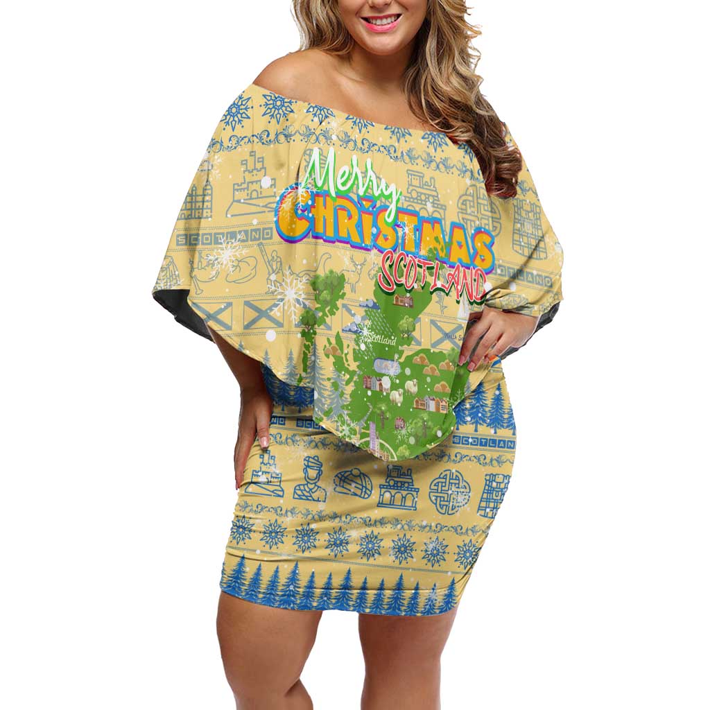 Merry Christmas Scotland Off Shoulder Short Dress Xmas Travel Map - Wonder Print Shop
