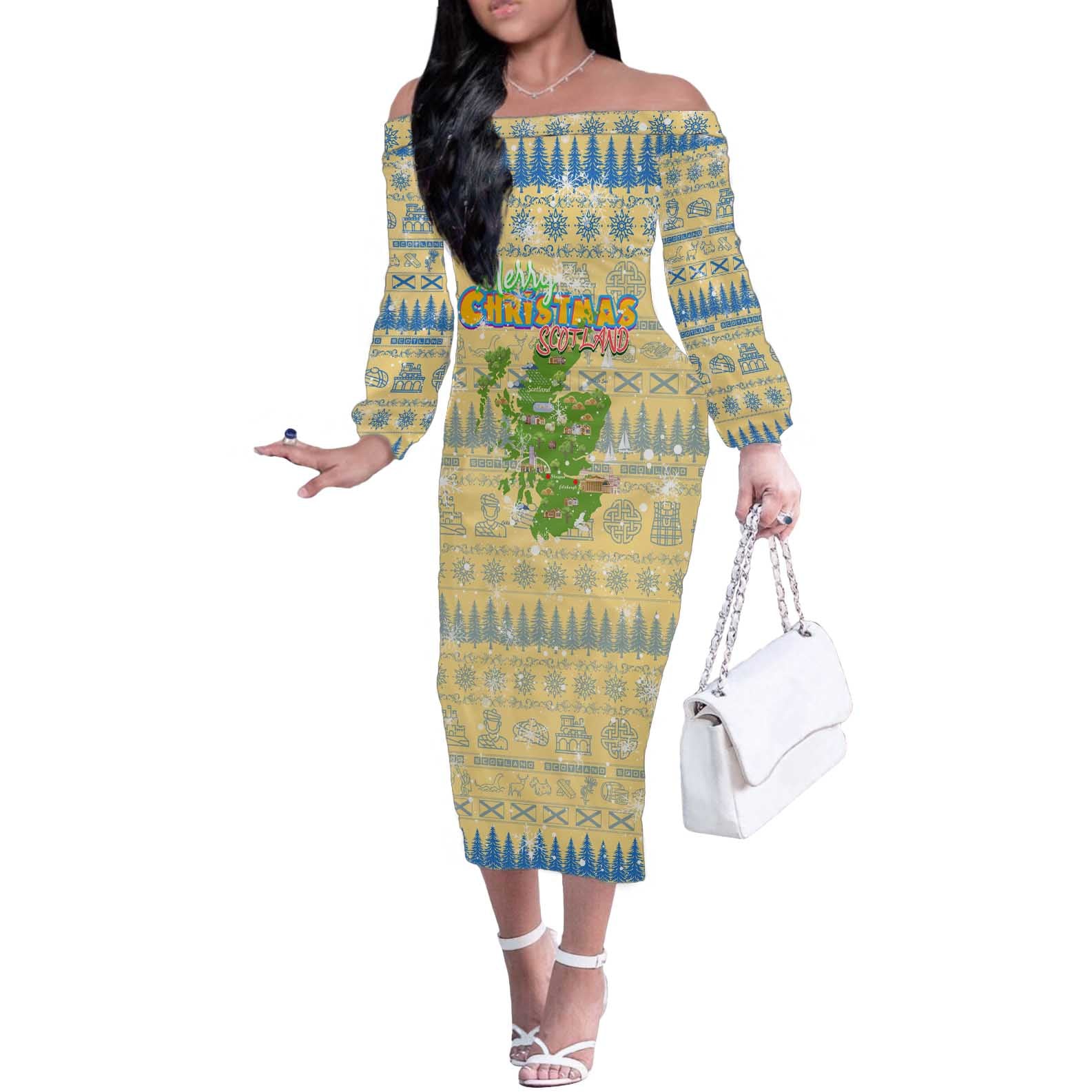 Merry Christmas Scotland Off The Shoulder Long Sleeve Dress Xmas Travel Map - Wonder Print Shop