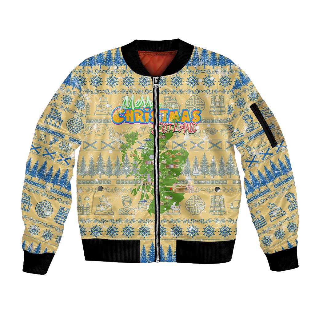 Merry Christmas Scotland Sleeve Zip Bomber Jacket Xmas Travel Map - Wonder Print Shop