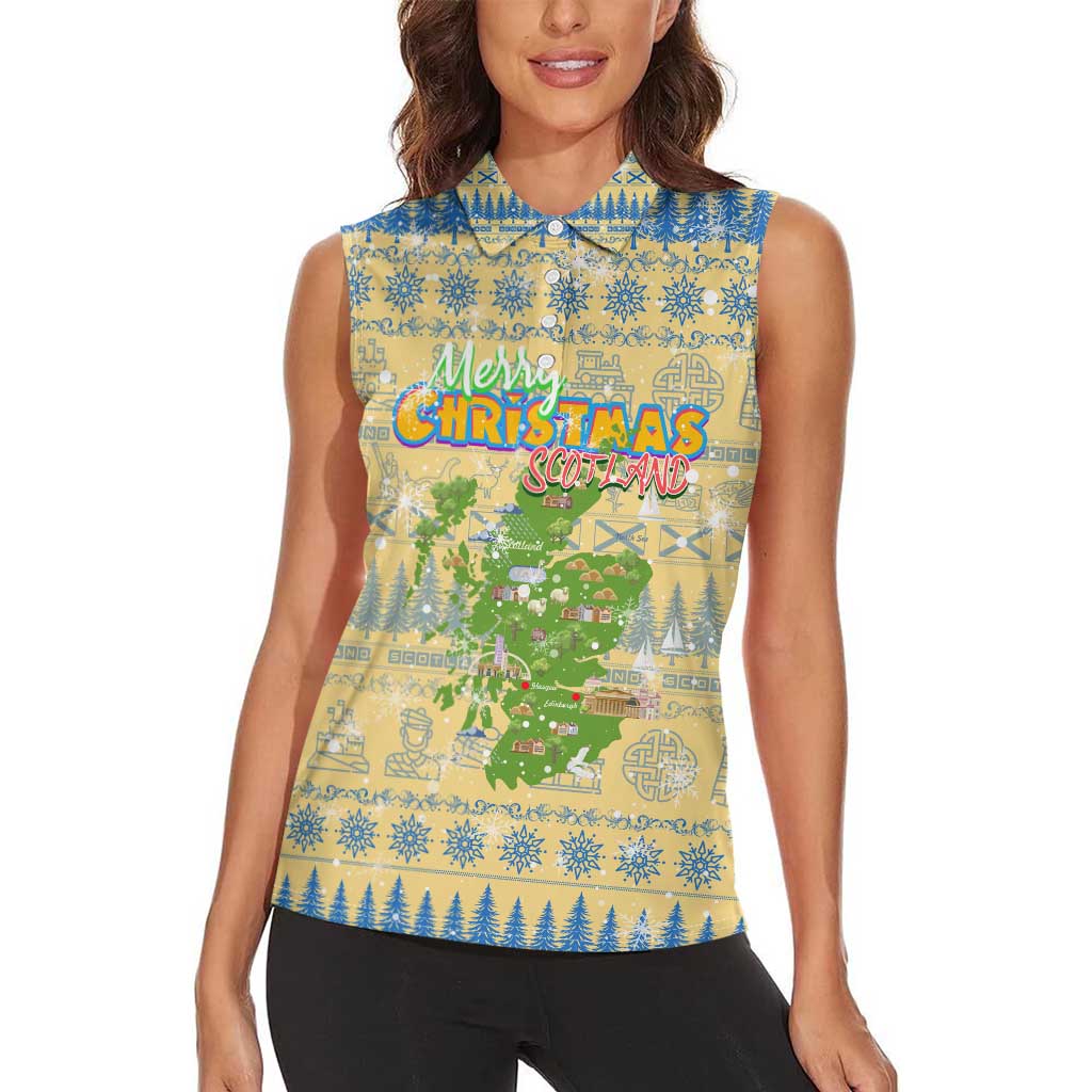 Merry Christmas Scotland Women Sleeveless Polo Shirt Xmas Travel Map - Wonder Print Shop