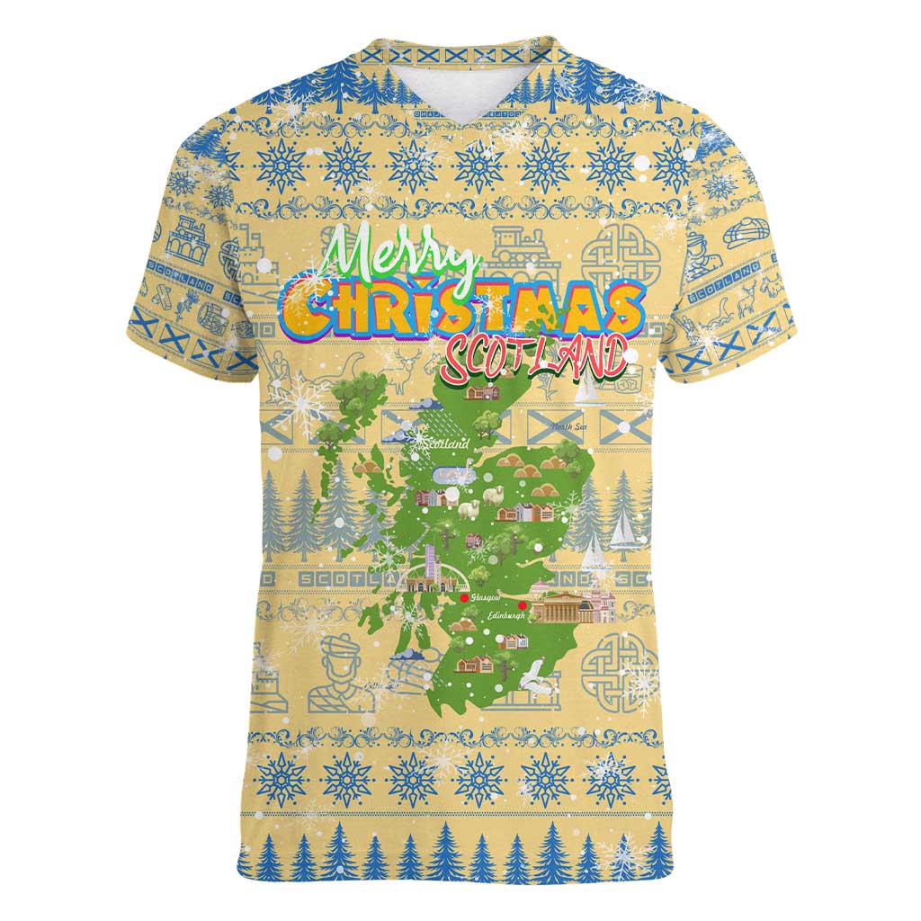 Merry Christmas Scotland Women V-Neck T-Shirt Xmas Travel Map - Wonder Print Shop