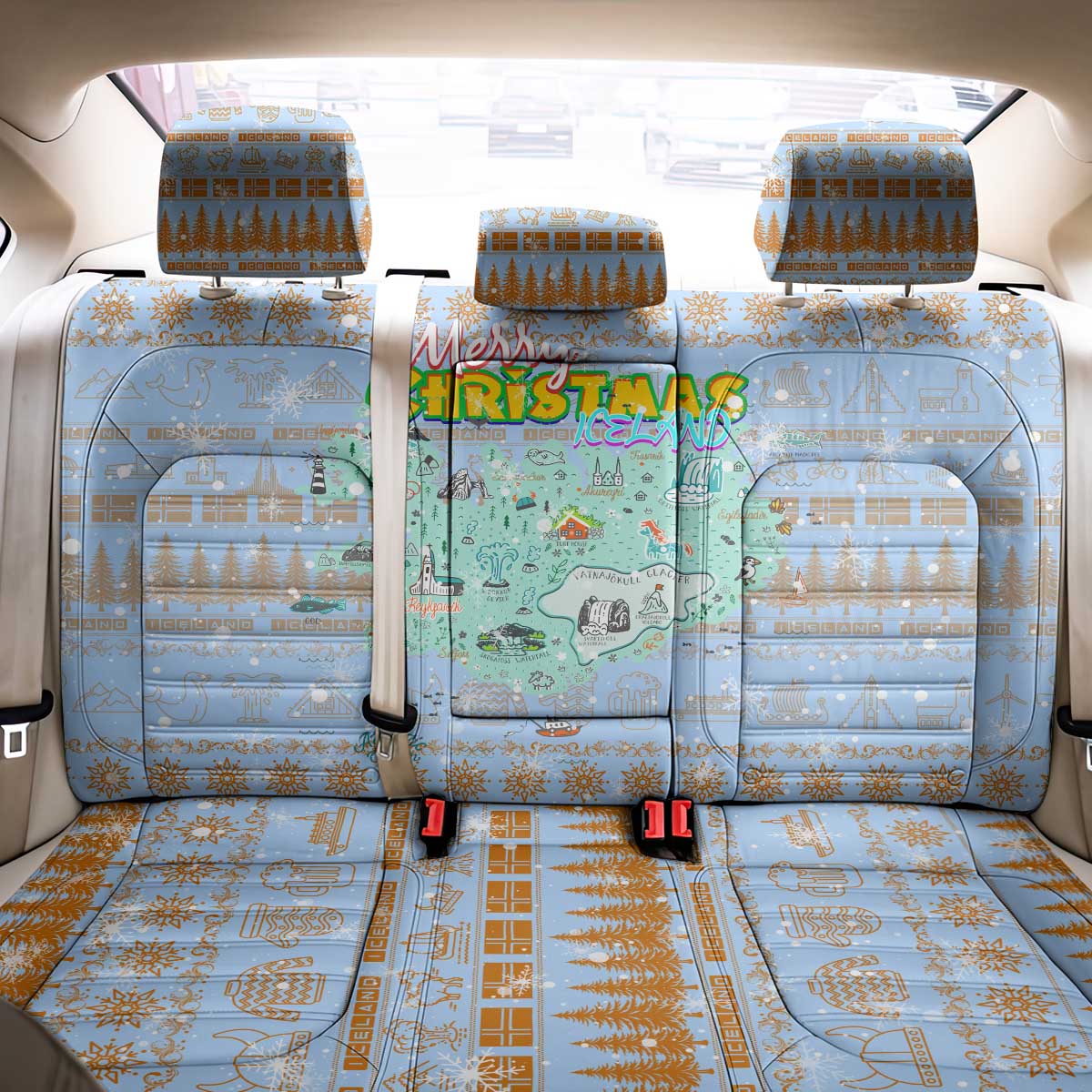 Merry Christmas Iceland Back Car Seat Cover Xmas Travel Map - Wonder Print Shop