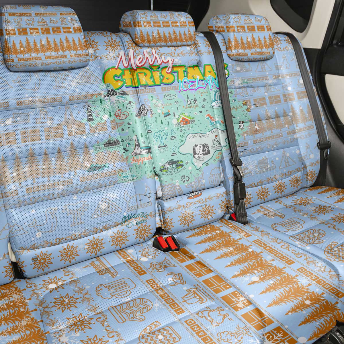 Merry Christmas Iceland Back Car Seat Cover Xmas Travel Map - Wonder Print Shop