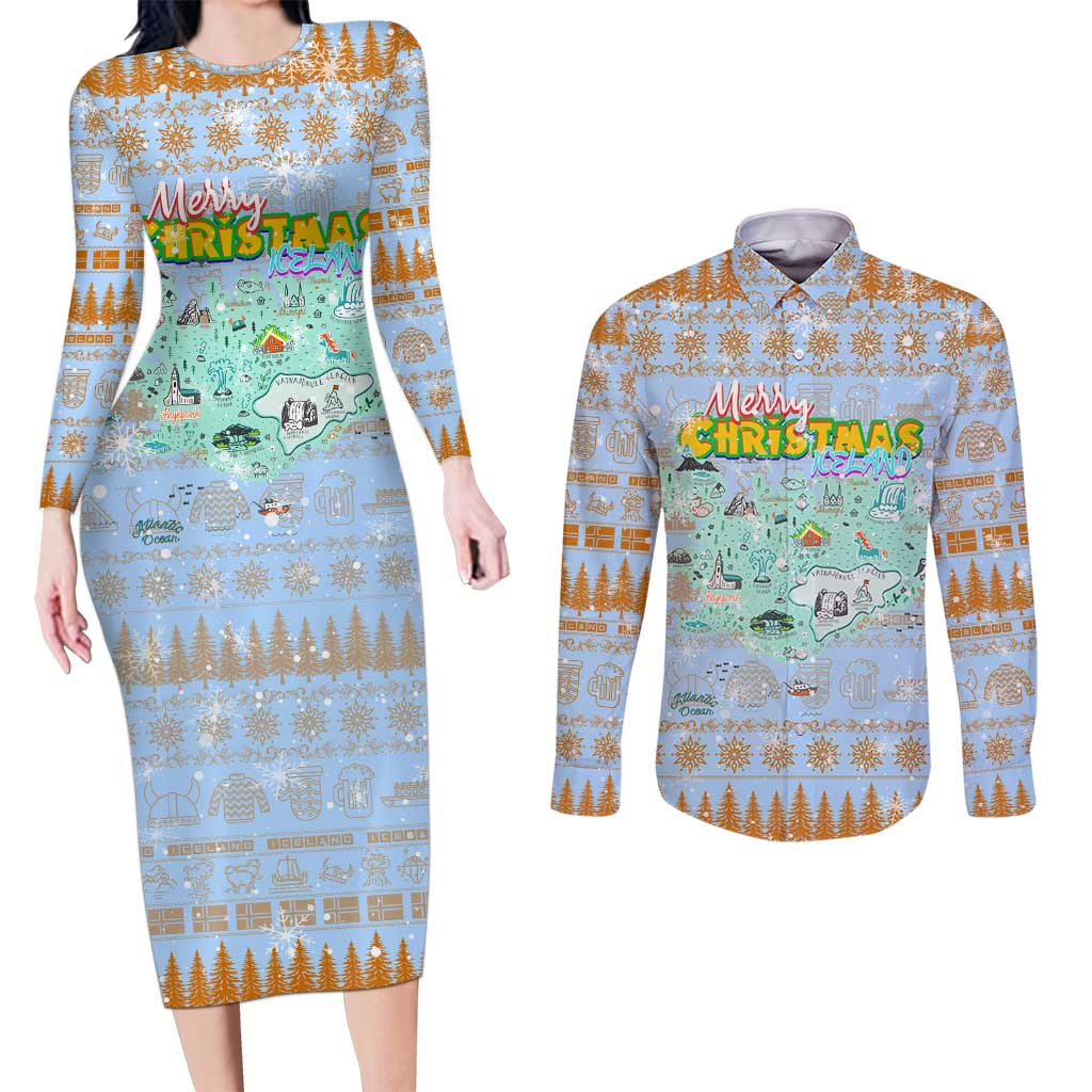 Merry Christmas Iceland Couples Matching Long Sleeve Bodycon Dress and Long Sleeve Button Shirt Xmas Travel Map - Wonder Print Shop