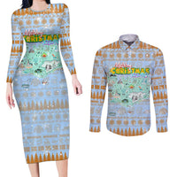 Merry Christmas Iceland Couples Matching Long Sleeve Bodycon Dress and Long Sleeve Button Shirt Xmas Travel Map - Wonder Print Shop