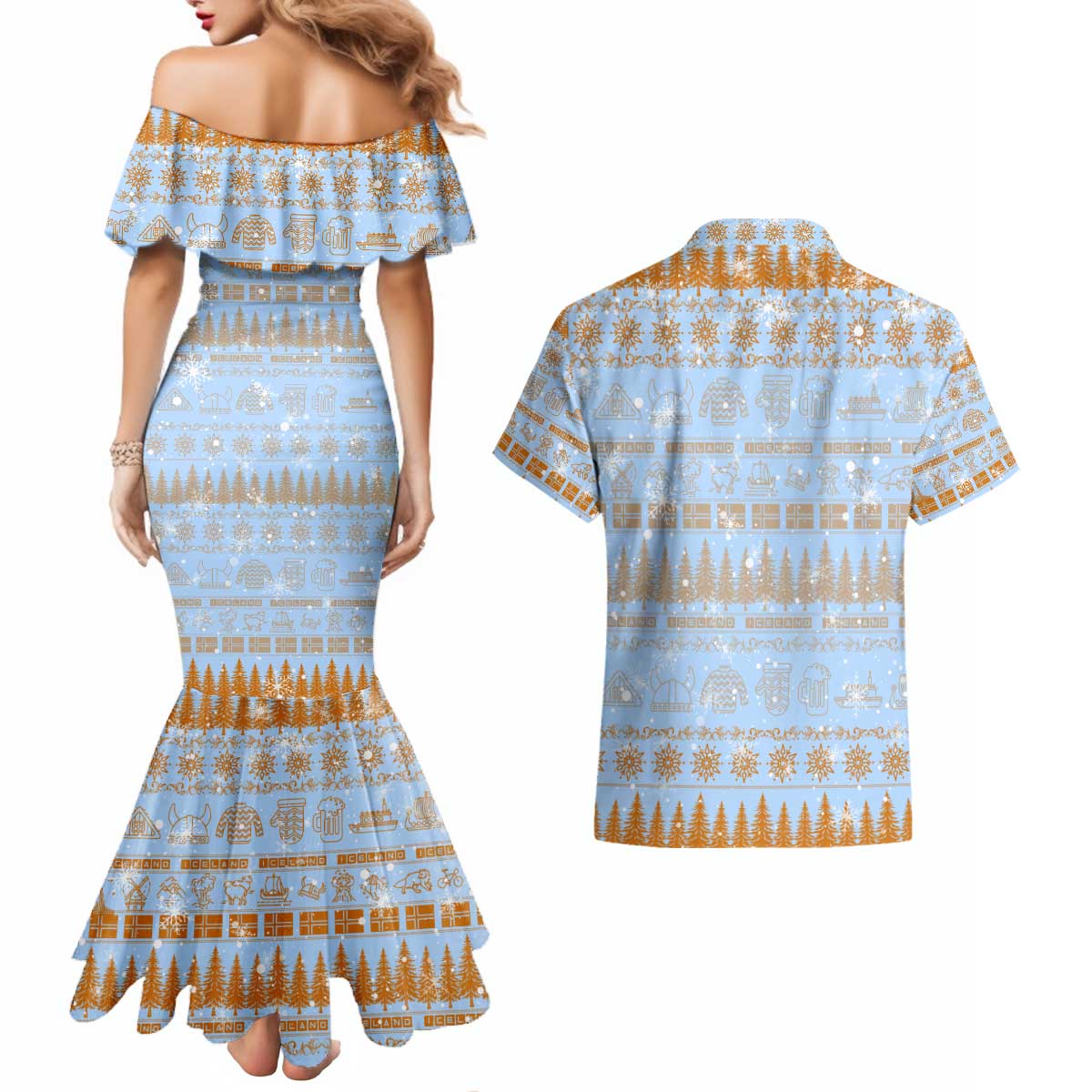 Merry Christmas Iceland Couples Matching Mermaid Dress and Hawaiian Shirt Xmas Travel Map - Wonder Print Shop