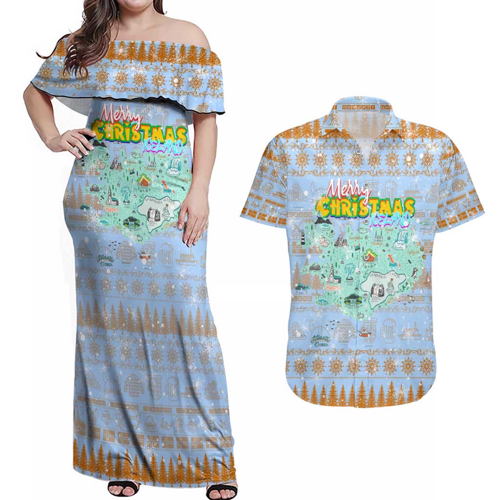Merry Christmas Iceland Couples Matching Off Shoulder Maxi Dress and Hawaiian Shirt Xmas Travel Map - Wonder Print Shop