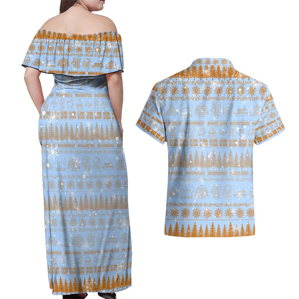 Merry Christmas Iceland Couples Matching Off Shoulder Maxi Dress and Hawaiian Shirt Xmas Travel Map - Wonder Print Shop