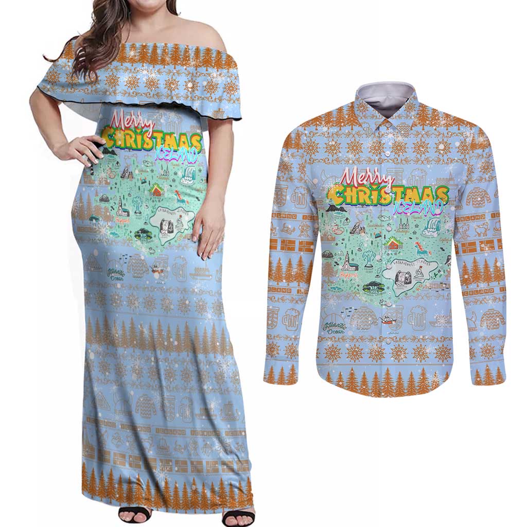 Merry Christmas Iceland Couples Matching Off Shoulder Maxi Dress and Long Sleeve Button Shirt Xmas Travel Map - Wonder Print Shop