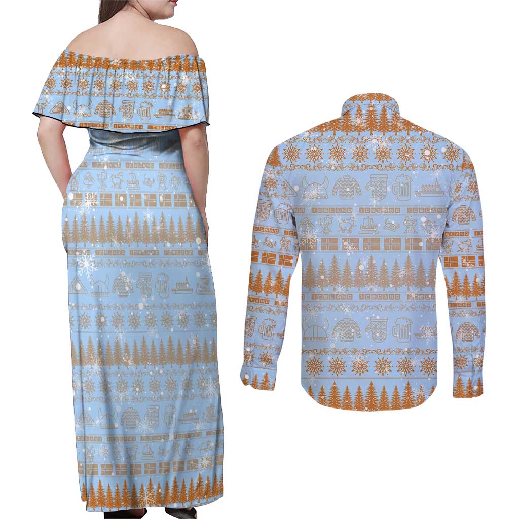 Merry Christmas Iceland Couples Matching Off Shoulder Maxi Dress and Long Sleeve Button Shirt Xmas Travel Map - Wonder Print Shop