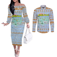 Merry Christmas Iceland Couples Matching Off The Shoulder Long Sleeve Dress and Long Sleeve Button Shirt Xmas Travel Map - Wonder Print Shop