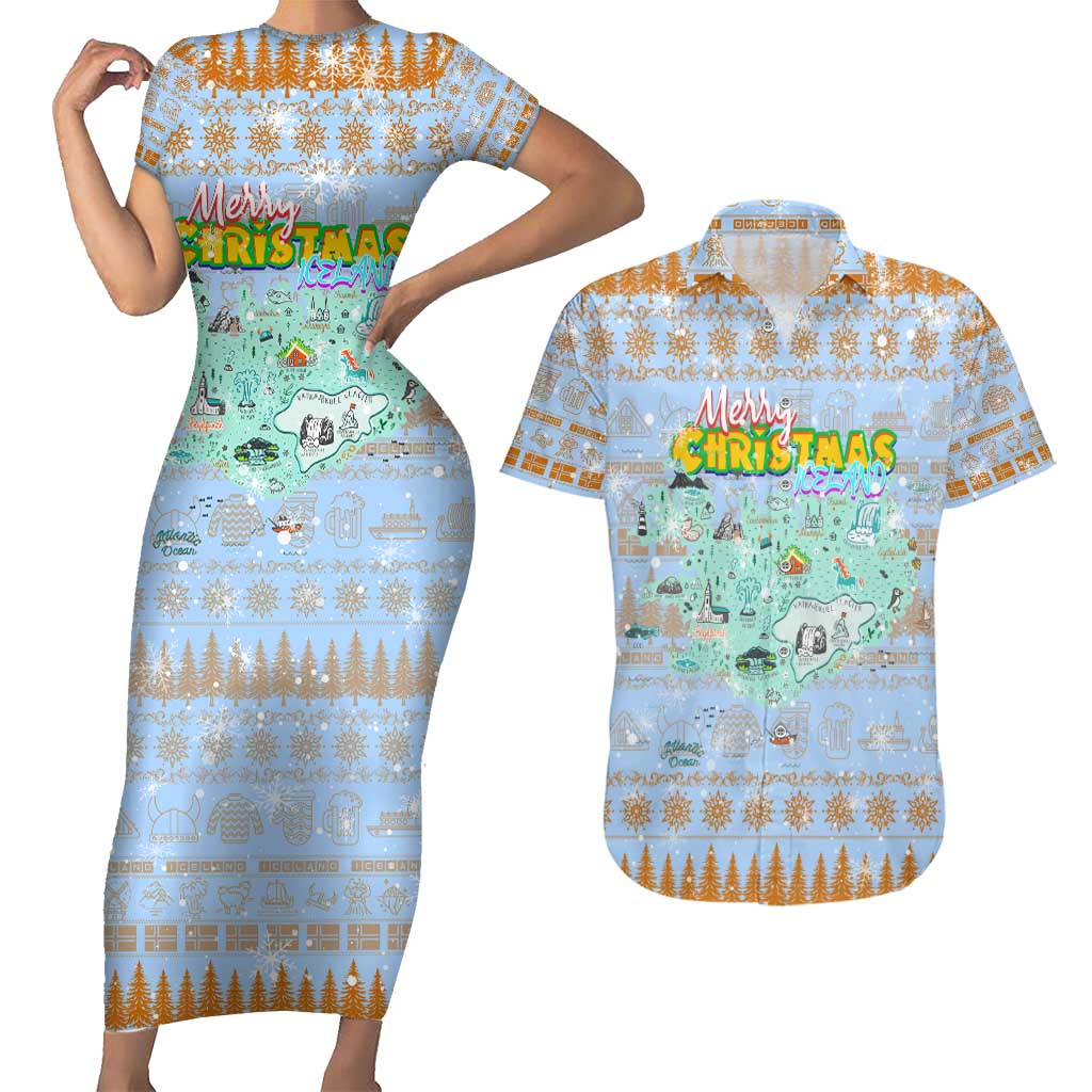 Merry Christmas Iceland Couples Matching Short Sleeve Bodycon Dress and Hawaiian Shirt Xmas Travel Map - Wonder Print Shop