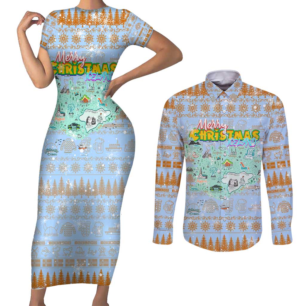 Merry Christmas Iceland Couples Matching Short Sleeve Bodycon Dress and Long Sleeve Button Shirt Xmas Travel Map - Wonder Print Shop