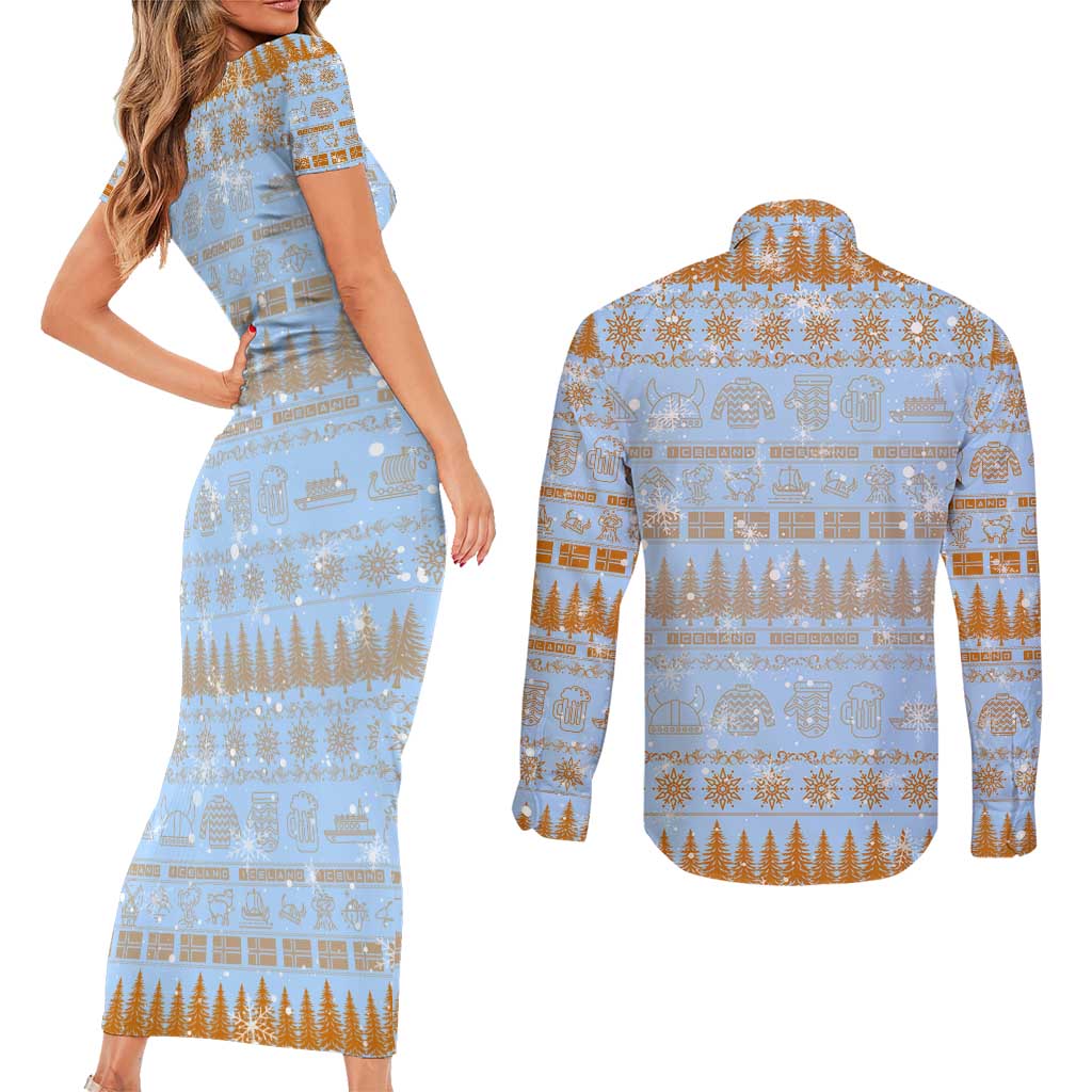 Merry Christmas Iceland Couples Matching Short Sleeve Bodycon Dress and Long Sleeve Button Shirt Xmas Travel Map - Wonder Print Shop