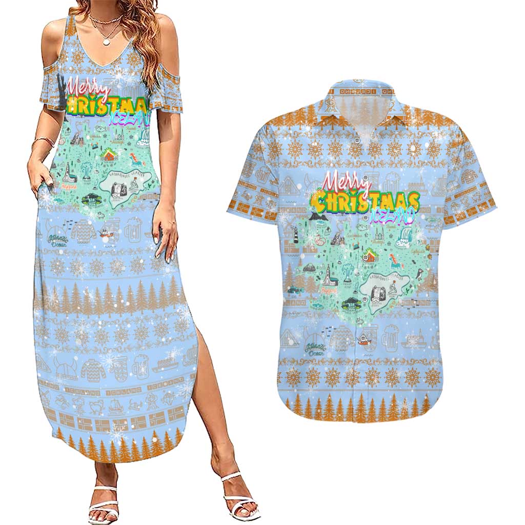 Merry Christmas Iceland Couples Matching Summer Maxi Dress and Hawaiian Shirt Xmas Travel Map - Wonder Print Shop