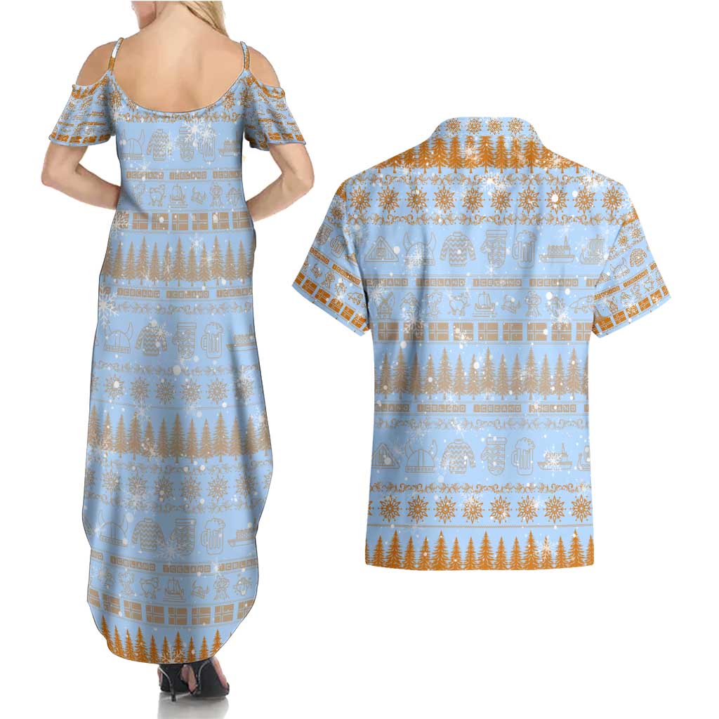 Merry Christmas Iceland Couples Matching Summer Maxi Dress and Hawaiian Shirt Xmas Travel Map - Wonder Print Shop