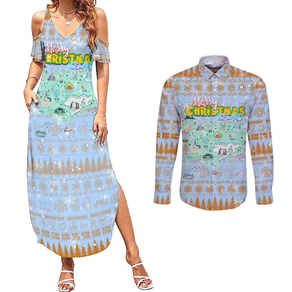 Merry Christmas Iceland Couples Matching Summer Maxi Dress and Long Sleeve Button Shirt Xmas Travel Map - Wonder Print Shop