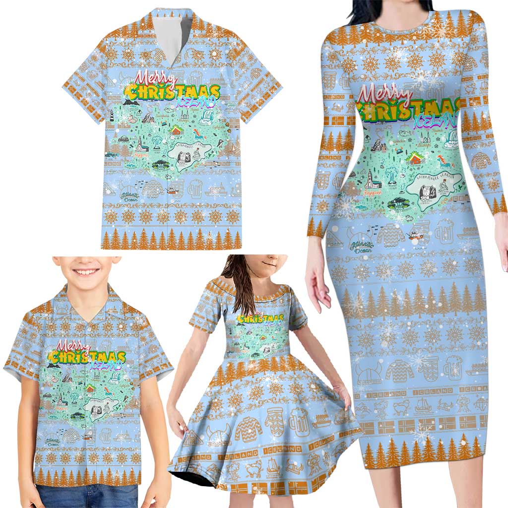 Merry Christmas Iceland Family Matching Long Sleeve Bodycon Dress and Hawaiian Shirt Xmas Travel Map - Wonder Print Shop