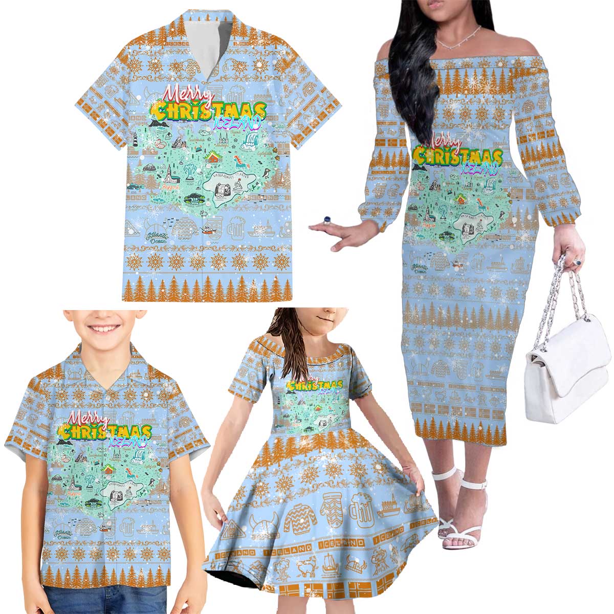 Merry Christmas Iceland Family Matching Off The Shoulder Long Sleeve Dress and Hawaiian Shirt Xmas Travel Map - Wonder Print Shop