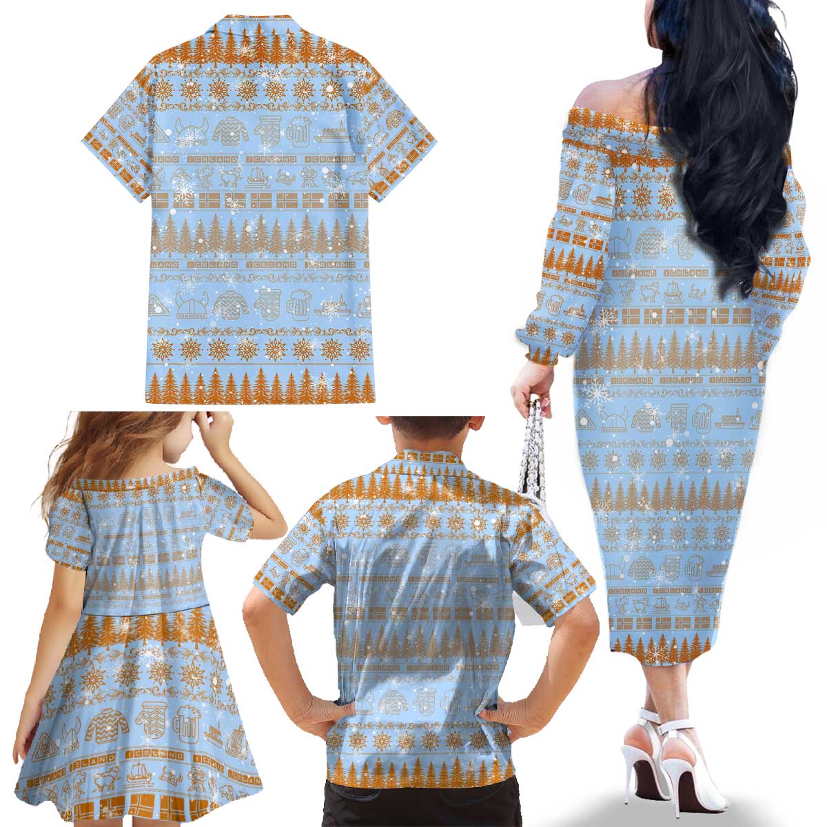 Merry Christmas Iceland Family Matching Off The Shoulder Long Sleeve Dress and Hawaiian Shirt Xmas Travel Map - Wonder Print Shop