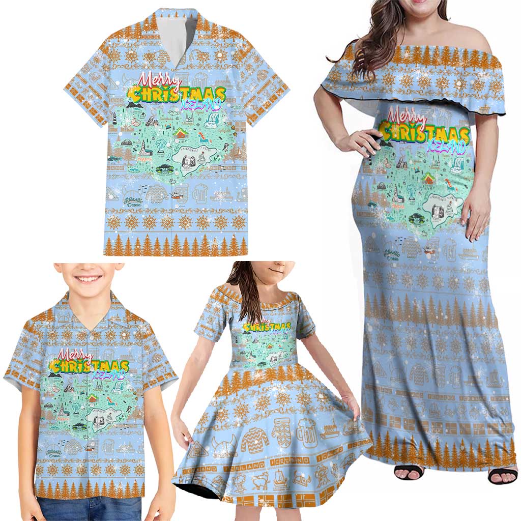 Merry Christmas Iceland Family Matching Off Shoulder Maxi Dress and Hawaiian Shirt Xmas Travel Map - Wonder Print Shop