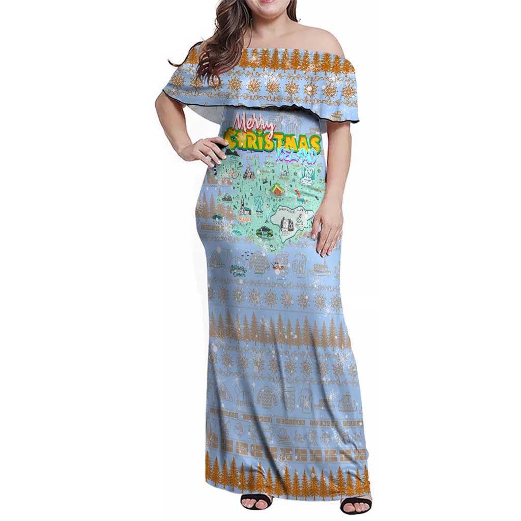 Merry Christmas Iceland Family Matching Off Shoulder Maxi Dress and Hawaiian Shirt Xmas Travel Map - Wonder Print Shop