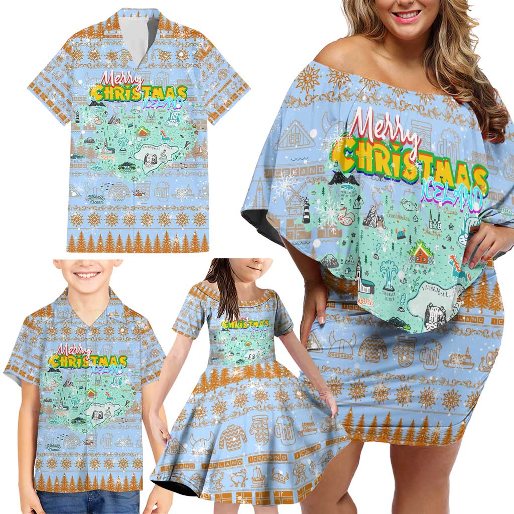 Merry Christmas Iceland Family Matching Off Shoulder Short Dress and Hawaiian Shirt Xmas Travel Map - Wonder Print Shop