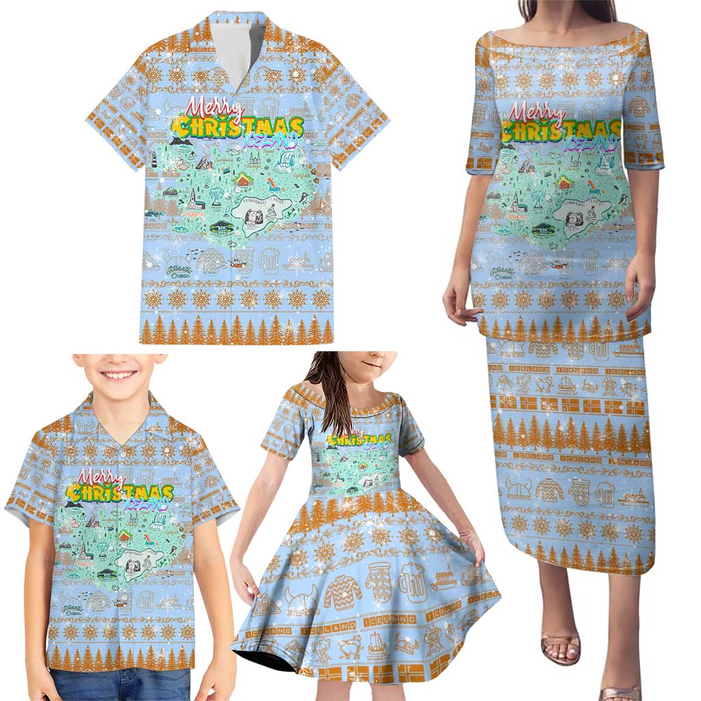 Merry Christmas Iceland Family Matching Puletasi and Hawaiian Shirt Xmas Travel Map - Wonder Print Shop