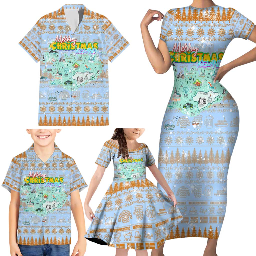 Merry Christmas Iceland Family Matching Short Sleeve Bodycon Dress and Hawaiian Shirt Xmas Travel Map - Wonder Print Shop