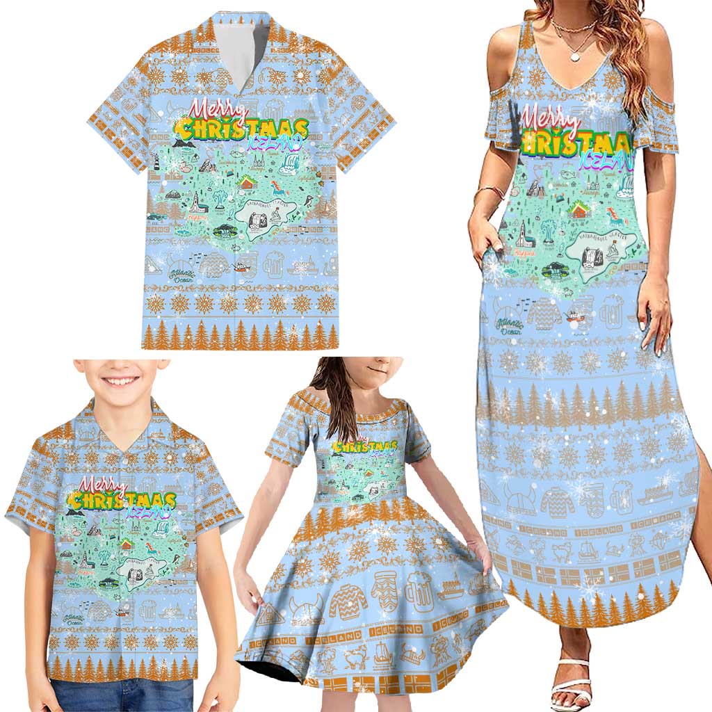 Merry Christmas Iceland Family Matching Summer Maxi Dress and Hawaiian Shirt Xmas Travel Map - Wonder Print Shop